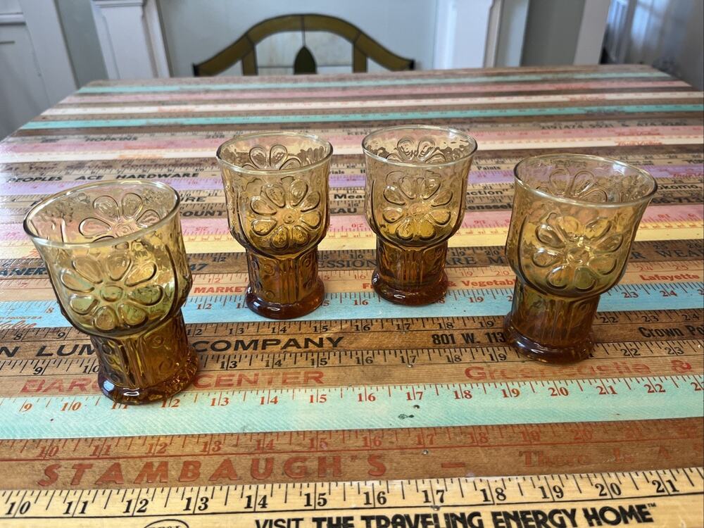 Vintage Libbey Amber Brown Country Garden Daisy Juice Glasses Tumblers Set Of 4‎